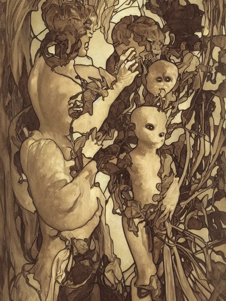 Image similar to realistic detailed portrait of a baby groot in the mirror, god ray behind,, scary style, by alphonse mucha