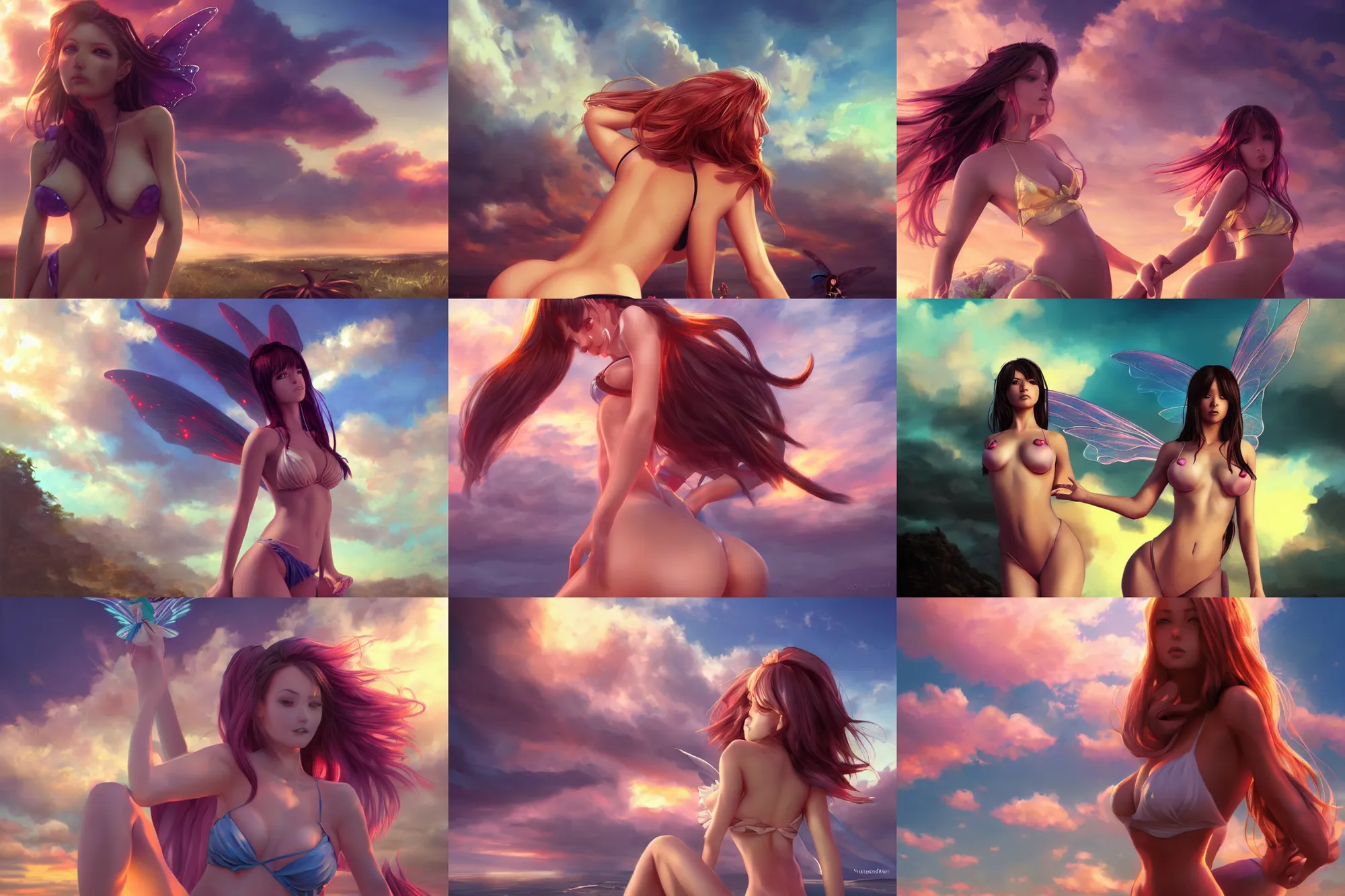 Prompt: front shot of a sexy fairy girl in micro bikini, manga, digital art by wlop, mandy jurgens, artstation contest winner, cinematic paint. dramatic cloud in background. sunset