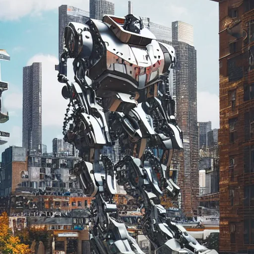 Prompt: A picture of giant robot building with mechanical parts, people loving inside, moving in a urban landscape, sci fi, detailed, hyper realistic