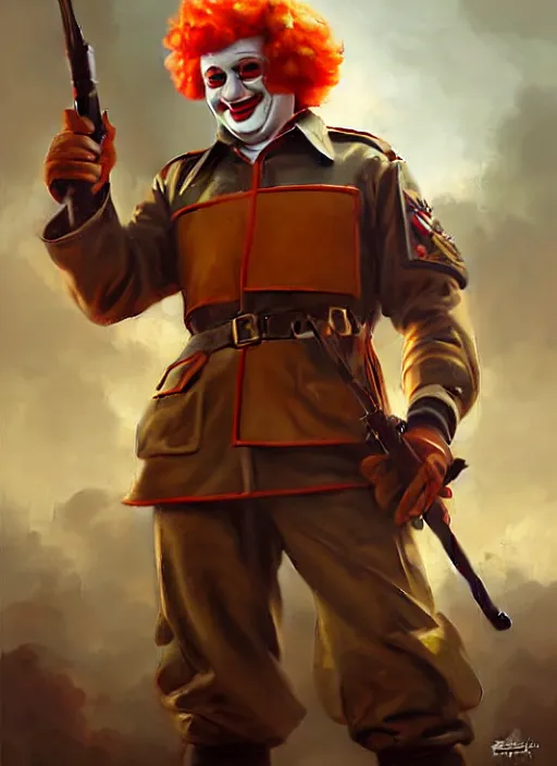 Image similar to ronald mcdonald during world war 2, rpg dnd oil _ painting _ unreal _ 5 _ daz. _ rpg _ portrait _ extremely _ detailed _ artgerm _ greg _ rutkowski _ greg