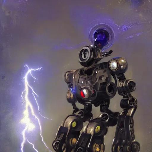 Image similar to robot at the center, lightning around, sparkles, by john singer sargent, trending on artstation, high details