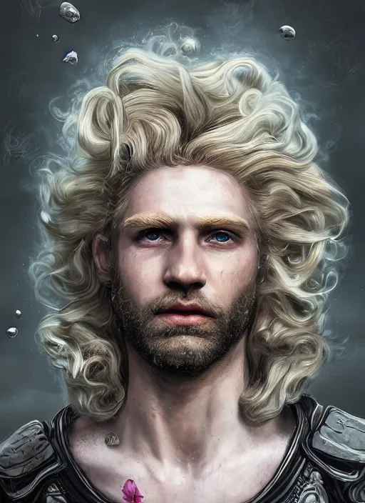 Image similar to An epic fantastic realism comic book style portrait painting of Lucius the most beautiful man in the universe, long fluffy blond curls of hair, porcelain pale skin, flowers rain everywhere, fisheye lens, Apex Legends Concept Art, porcelain, unreal 5, DAZ, hyperrealistic, octane render, cosplay, RPG portrait, dynamic lighting