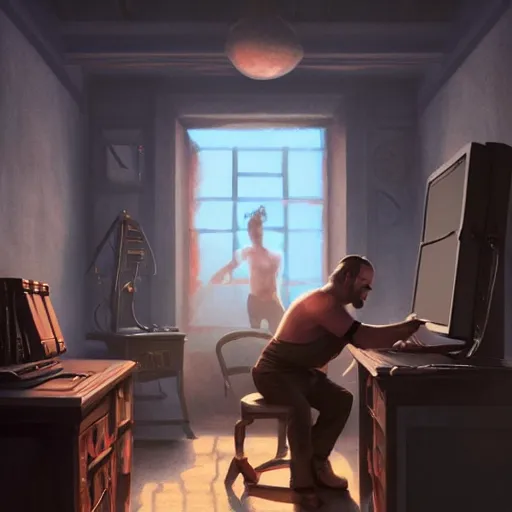 Image similar to a man and a room in a scorching hot room with two computers, inferno, d & d, fantasy digital painting, trending on artstation, concept art, sharp focus, illustration, global illumination, ray tracing, realistic shaded, art by artgerm and greg rutkowski and fuji choko and viktoria gavrilenko and hoang lap