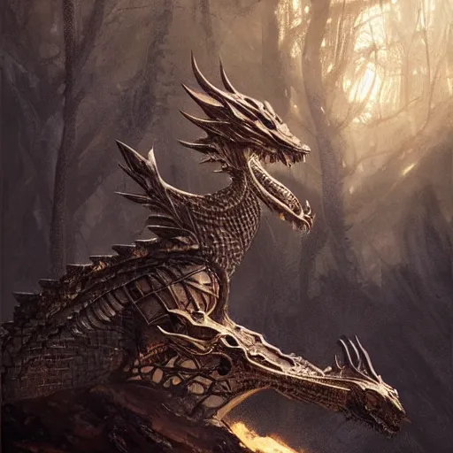 Prompt: A ferocious steel dragon guarding the sacred grove, its scales glistening in the sparse sunlight, DnD digital concept art by Greg Rutkowski