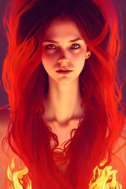 Image similar to a beautiful girl with fire hair, fantasy, portrait, sharp focus, intricate, elegant, digital painting, artstation, matte, highly detailed, concept art, illustration, ambient lighting, art by ilya kuvshinov, artgerm, Alphonse mucha, and Greg Rutkowski