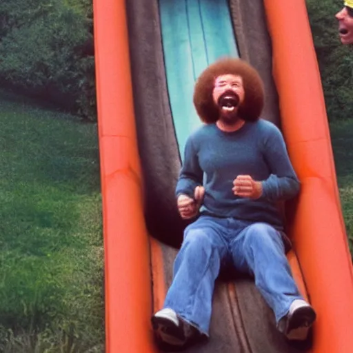 Image similar to bob ross screaming while going down a giant slide