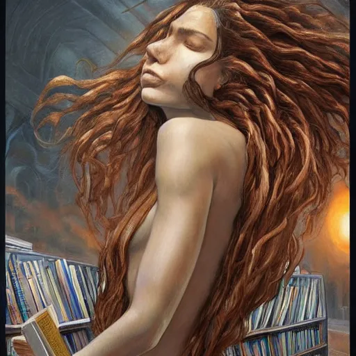 Image similar to An incredible fantastical painting of a girl reading book, hair flowing down | symmetric!, anatomically correct | by Greg Rutkowski and Greg Staples with James Gurney | hyperrealism artwork beautiful detailed painting | trending on Artstation