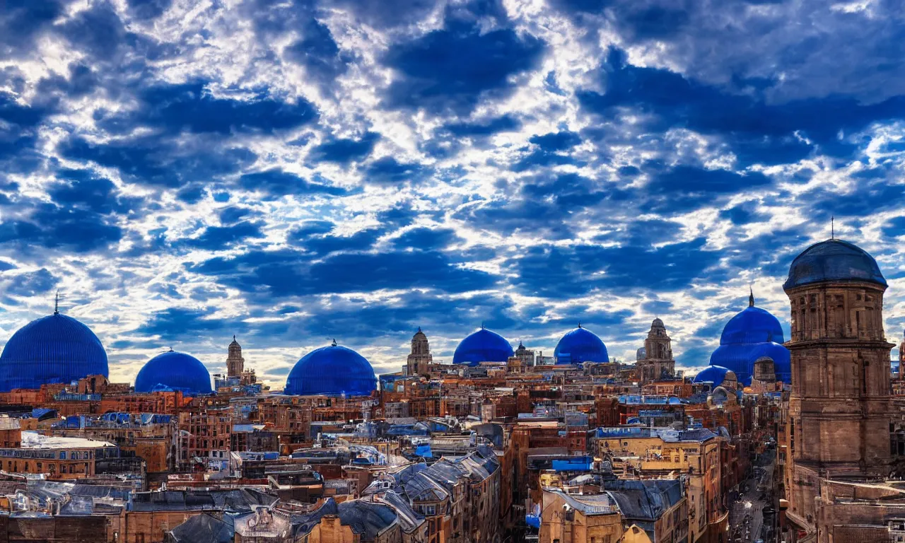 Prompt: Beautiful City of Blue Domes under a Spectacular Indigo Sky