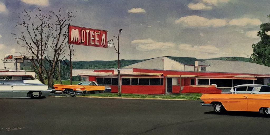Image similar to 1 9 6 0 s americana painting of a motel with a car parked outside by norman rockwell, panovision