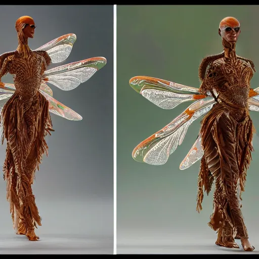 Image similar to brown woman wearing a translucent dragonfly armor. intricate. super detailed. layered. textured. award winning. dispersion of light. refracted lighting. soft. fragile.