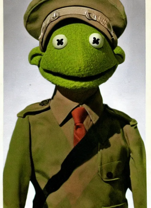 Image similar to grainy 1940’s WWII military portrait of an anthropomorphic frog muppet dressed like a soldier, professional portrait HD, frog, frog head, authentic, Kermit, muppet weird