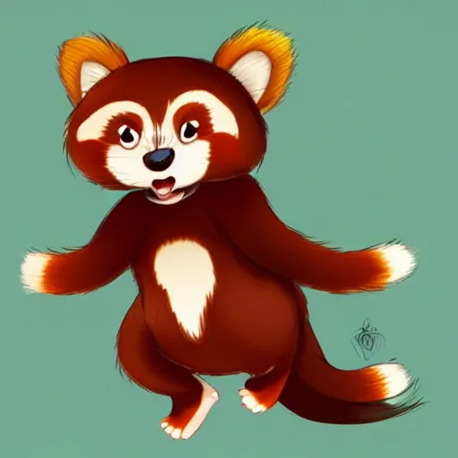 Image similar to cute cartoon drawing of a female anthro red panda waking up from bed yawning and stretching, trending on artstation