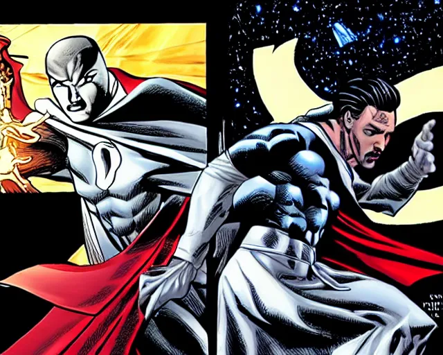 Prompt: still of moon knight vs dr. strange, in the series moon knight