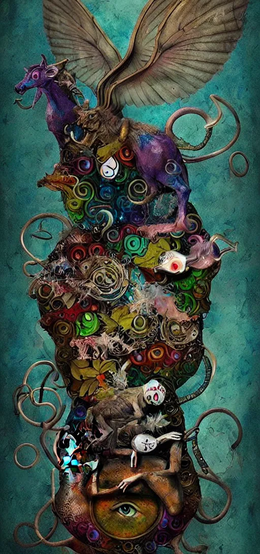 Prompt: strange mythical beasts of whimsy, surreal dark uncanny mixed media colllage by ronny khalil