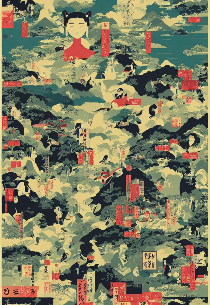 Image similar to highly creative award winning poster art collage to promote a TV series about discovering the wonders of the Japanese countryside, bold graphic design