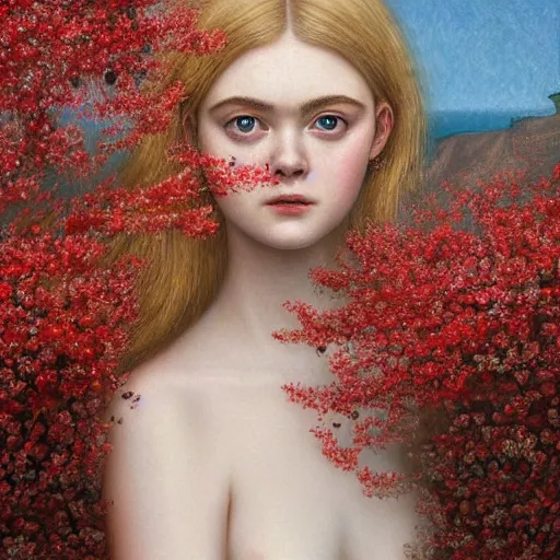 Prompt: professional painting of Elle Fanning in Santorini in the style of Dino Valls and Koson Ohara, head and shoulders portrait, red cherry blossoms, symmetrical facial features, smooth, sharp focus, illustration, intricate, stormy weather, extremely detailed masterpiece,