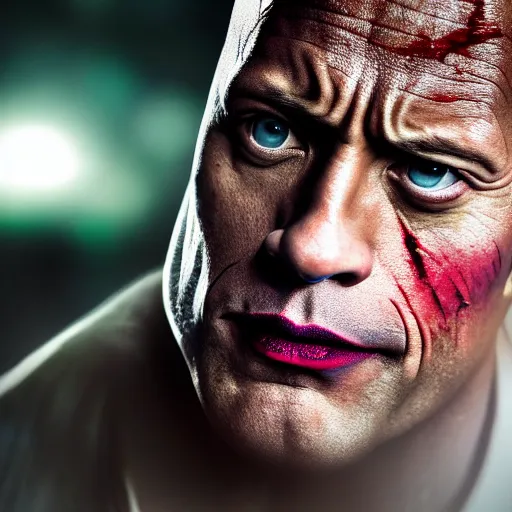 Prompt: dwayne johnson as the joker, cinematic, studio photography, high detail, ultra high detail, 4 k, hdr, 8 k