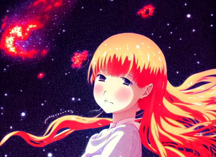 Prompt: anime full portrait of a young girl floating inside a nebula ,omoide emanon, tsuruta kenji, murata range,kawaii, kyoto animation, manga, intricate, detailed, studio lighting, orange red black white, gradation,editorial illustration, matte print, Ilya Kuvshinov