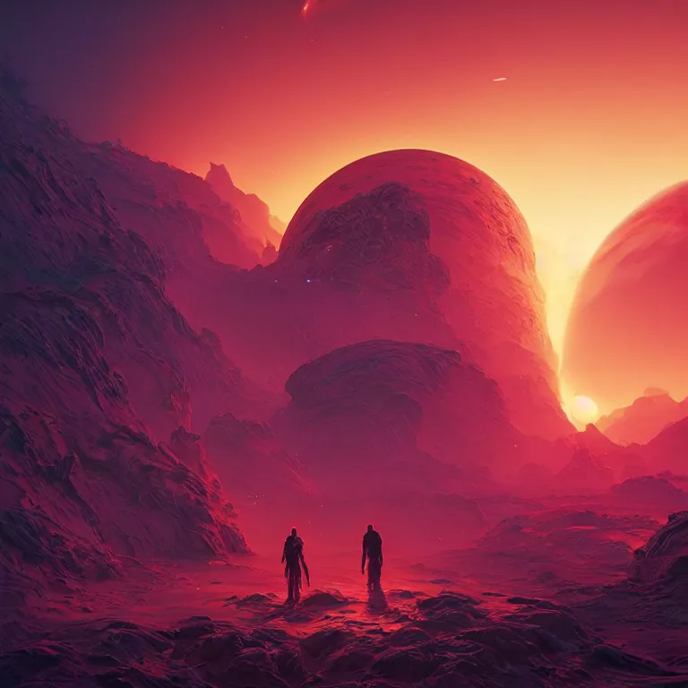 Prompt: a colorful sunset on an alien world, burning halo, intricate artwork by Tooth Wu and wlop and beeple, greg rutkowski, very coherent symmetrical artwork, cinematic, hyper realism, high detail, octane render, unreal engine, 8k, Vibrant colors, Smooth gradients, High contrast, depth of field by Jacek Yerka, Mariusz Lewandowski, Houdini algorithmic generative render, Abstract brush strokes, Masterpiece, Edward Hopper and James Gilleard, Zdzislaw Beksinski, Mark Ryden, Wolfgang Lettl, hints of Yayoi Kasuma, octane render, 8k