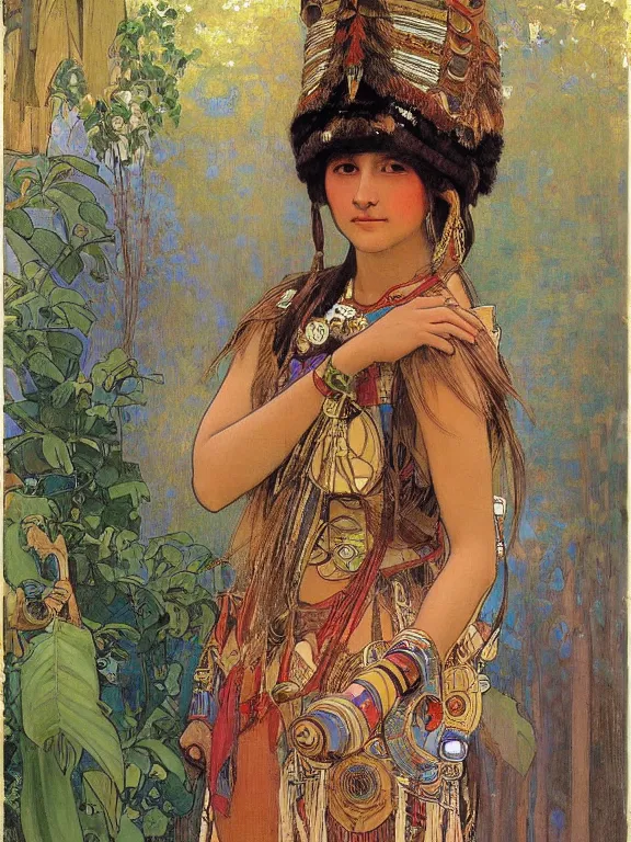 Image similar to an art nouveau painting of a pretty young native mayan woman dressed in a traditional, modest coat of beads and feathers and an elaborate headdress, in front of an aztec calendar, by alphonse mucha and james gurney and john william waterhouse