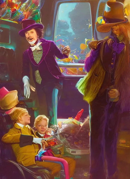 Image similar to willy wonka giving out candy from the back of his van by wlop and kev walker and delphin enjolras and daniel f. gerhartz