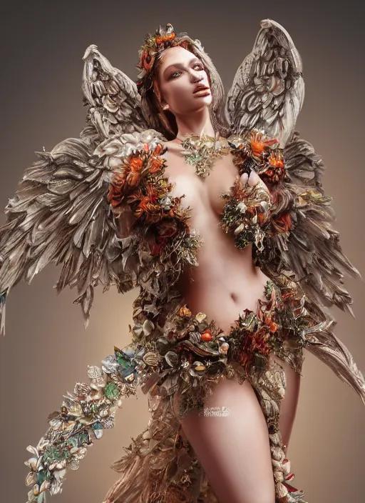 Prompt: expressive full body photo of a female model as beautiful angel, ornate headpiece made from flowers, ornaments, glamour shot, by karol bak, by stefan gesell, octane render, unreal engine, photorealistic, canon r 3, fashion photography, studio shot, realistic skin tone