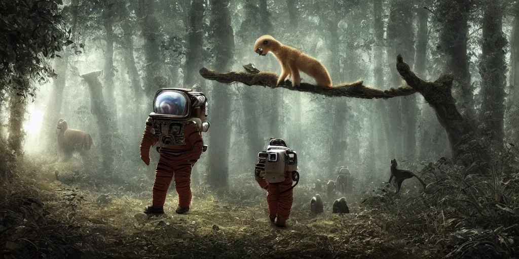 Prompt: an astronaut comes a across a strange furry creature in a forest, a detailed matte painting by frieke janssens, featured on cgsociety, fantasy art, matte painting, reimagined by industrial light and magic, matte drawing