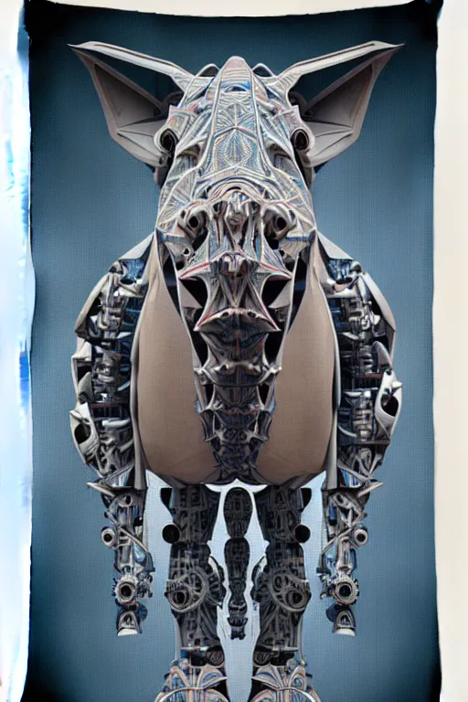 Prompt: a centered uncut fullbody frontview portrait of a robotic rhino headed biomechanical creature by clogtwo and subjekt zero. intricate detailed sharp clean textured very ornated. indian tapestry style design. lowbrow color palette