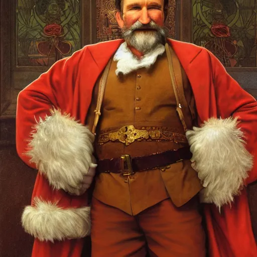 Image similar to a detailed portrait of robin williams as santa ana at the alamo, long twirling moustache, by alphonse mucha and albert bierstadt and thomas moran and charles russel, god rays, intricate detail, cinematic, 8 k, featured on artstation, pixiv