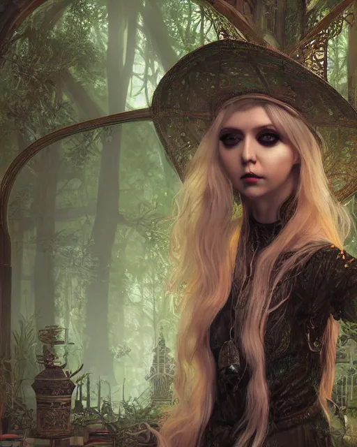 Prompt: Beautiful art portrait of taylor momsen as a fantasy gothic priestess in a bright temple surrounded by lush forest, atmospheric lighting, intricate detail, cgsociety, hyperrealistic, octane render, RPG portrait, ambient light, dynamic lighting