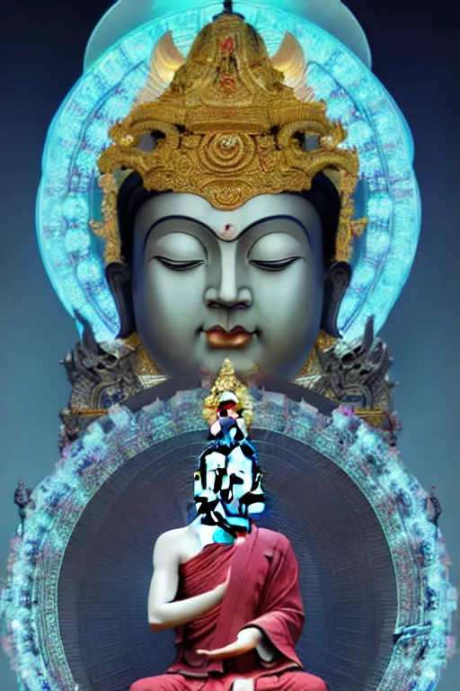 Image similar to a epic sakyamuni, the founder of buddhism in cyberpunk style temple, ghost, gorgeous and huge head ornaments, mecha, portrait of a big crystal face made of crystals, ominous, intricate, studio, art by anthony macbain + greg rutkowski + alphonse mucha, concept art, 4 k, sharp focus