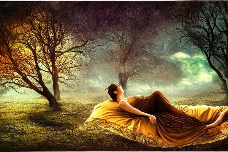 Image similar to quenn sleep, fantasy, pen painting, ultra realistic!!!, hdr, clear weather, golden hour, sharp focus