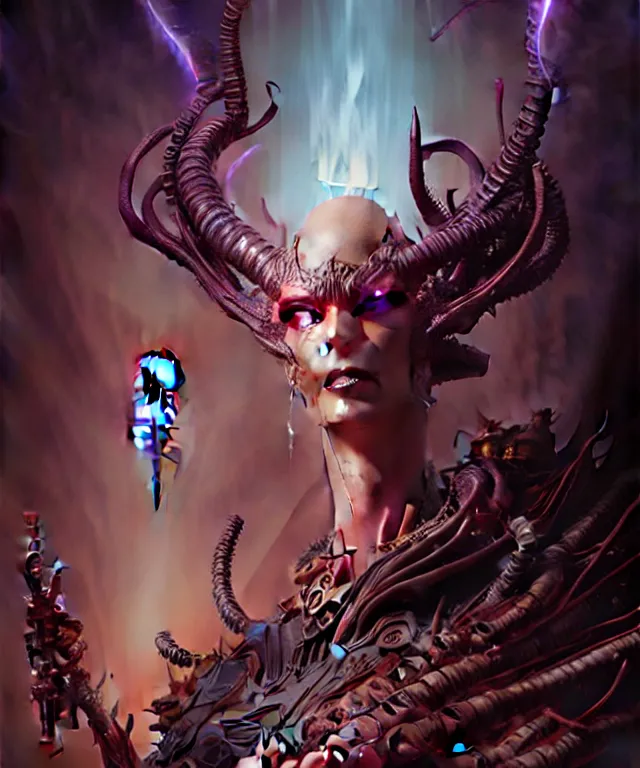 Image similar to beautiful evil fantasy character portrait, ultra realistic, demon, wide angle, intricate details, the fifth element artifacts, highly detailed by peter mohrbacher, hajime sorayama, wayne barlowe, boris vallejo, aaron horkey, gaston bussiere, craig mullins