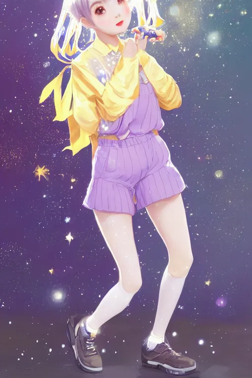 Image similar to Full View portrait of Eunha from Viviz and gFriend with short hair wearin purple overall shorts, short puffy pants, white tights covered in stars, Golden Ribbon, and a billowy scarf making a cute pose. masterpiece 4k digital illustration by Ruan Jia and Mandy Jurgens and Artgerm and greg rutkowski and Alexander Tsaruk and WLOP, award winning, Artstation, art nouveau aesthetic, Alphonse Mucha background, intricate details, realistic, panoramic view, Hyperdetailed, 8k resolution, intricate art nouveau