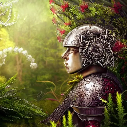 Image similar to a male knight, stern face, clear eyes, shining armour made of steel and flowers, and fractal flowery hair in a fractal garden, glowing delicate flower, berries and ferns that grow in a dark fantasy forest, full frame,