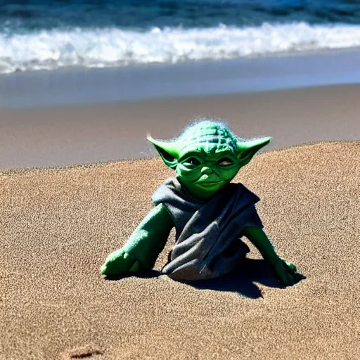 Image similar to sad Yoda on a beach