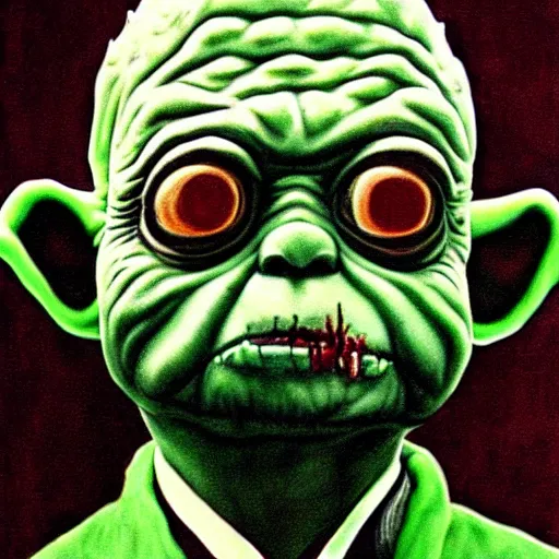 Prompt: zombie yoda, yoda as a zombie, rene magritte, zombified, scary, surreal