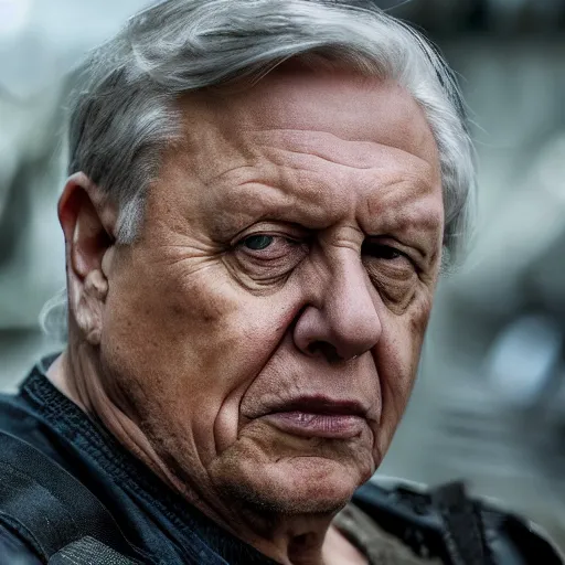 Image similar to david attenborough as the punisher, unmasked, movie still, cinematic, photorealistic, extreme detail, facial features, sharp focus, 8 k, rain, close up, anamorphic lens, lighting, dark