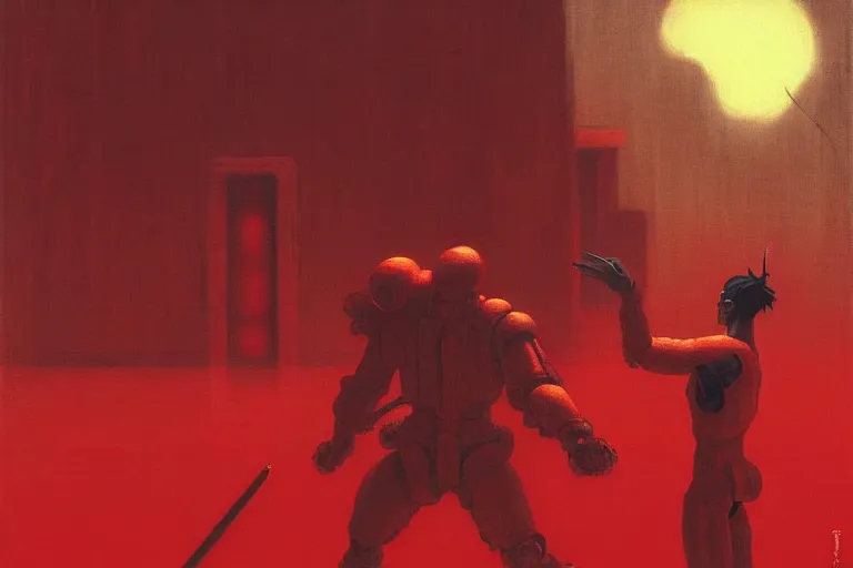 Image similar to only with red, a red cyborg samurai, tokio futuristic in background, some evil yokai fight, in the style of beksinski, parts by edward hopper, parts by rodcenko, parts by yue minjun, intricate and epic composition, red by caravaggio, insanely quality, highly detailed, masterpiece, red light, artstation, 4 k