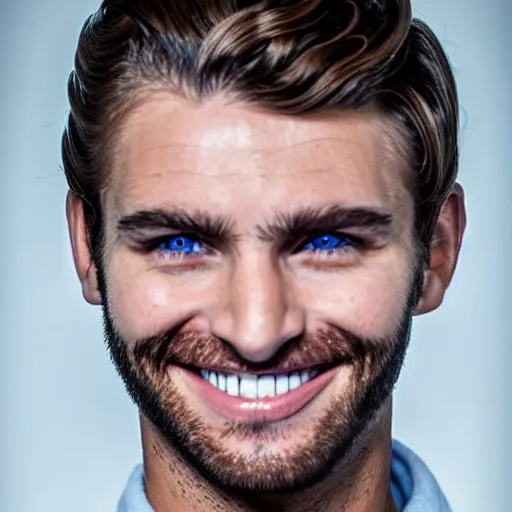 Prompt: a handsome blue eyed man smiling, charismatic, beautiful,