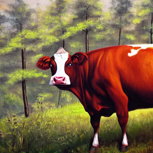 Prompt: cow in middle of the forest, detailed painting, oil painting