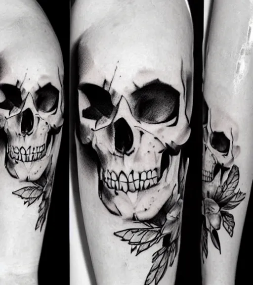 Prompt: a beautiful tattoo design with a creative skull, hyper realistic, black and white, realism, highly detailed