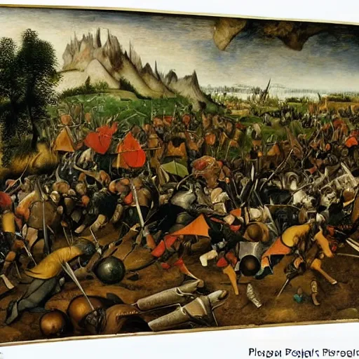 Image similar to a beautiful installation art of a battle scene from the lord of the rings. by pieter bruegel the elder