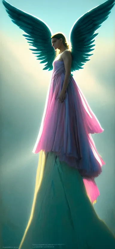 Image similar to royalty angel, big wings, argentina, natalie portman, hudson river school, max rive, full plate armor, f 1 6, bokeh, gentle, female, snowy mountain, storm clouds, god rays, close up portrait, d & d, fantasy, elegant, teal pink white gold color palette, concept art, roger deakins and greg rutkowski and alphonse mucha