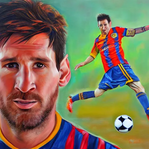 Image similar to portrait of lionel messi as a cyborg, oil painting, mechanical parts, soccer ball, intricate, detail