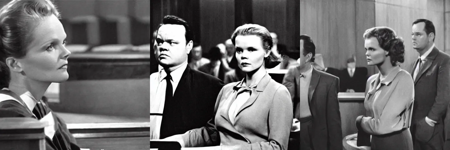 Prompt: still of the trial by orson welles starring lee remick as the accused in a large courtroom