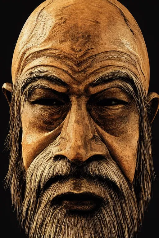 Image similar to portrait, headshot, digital painting, an old bearded shaman in slavic angular carved wood mask, realistic, hyperdetailed, chiaroscuro, concept art, art by frans hals