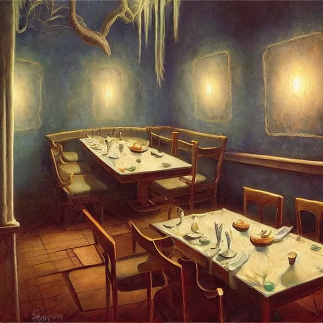 Image similar to a serene and tranquil dining room, haunted house, masterpiece, unease, grasping pseudopods, rhads!!!, magical realism, urban fantasy, ( h. r. giger )