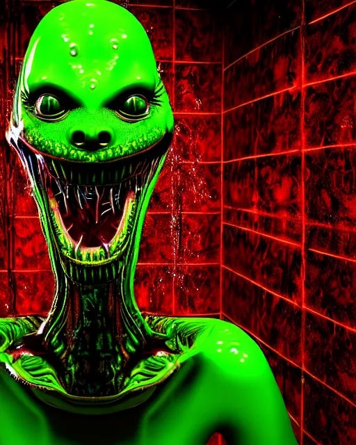 Image similar to realistic long textured tongue, demon wet humanoid alien, dripping green acid saliva, smoke, mouth in mouth in mouth, 4 large alien eyes, metallic reflective fangs, thin red veins, intricate grey snake scales ornate skin, cinematic light shadows, slimy reflections, crawling in a wet sewer pipe, flashlight lighting, insanely detailed