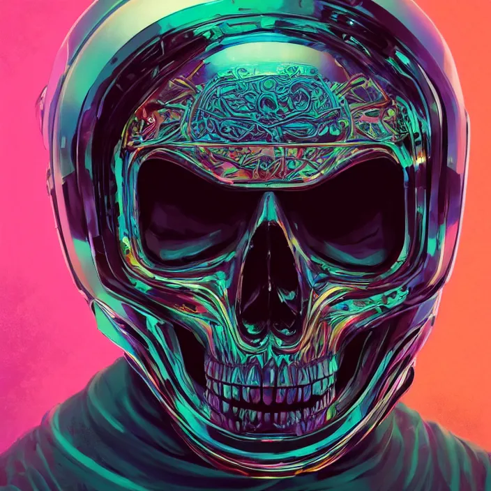 Image similar to portrait of a skull in a racing helmet. intricate abstract. intricate artwork. by Tooth Wu, wlop, beeple, dan mumford. octane render, trending on artstation, greg rutkowski very coherent symmetrical artwork. cinematic, hyper realism, high detail, octane render, 8k, iridescent accents